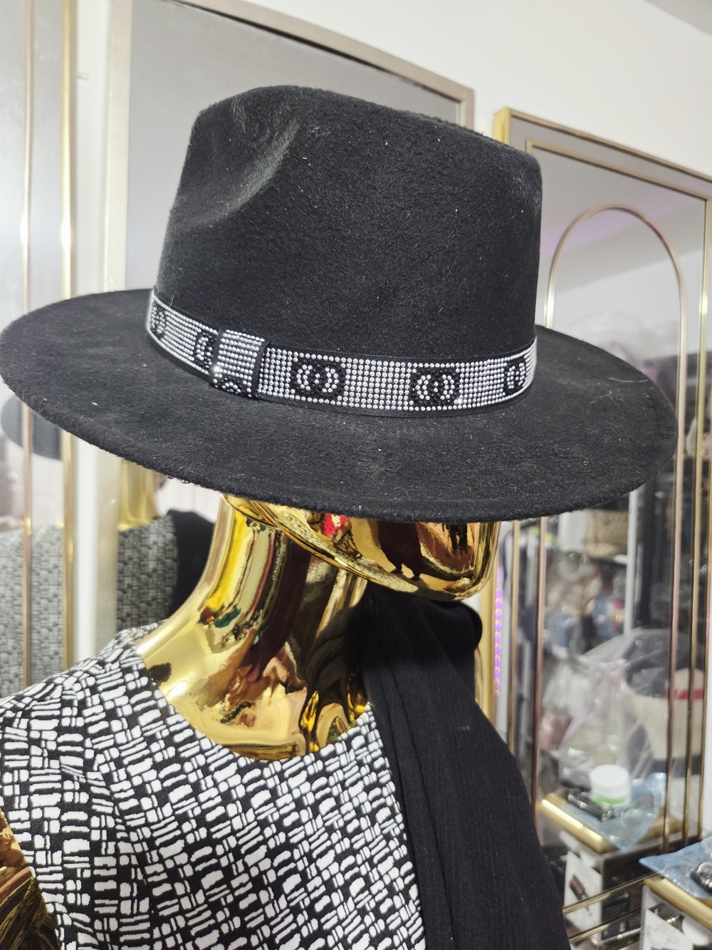 Black Wide-Brim Fedora Hat with Crystal Logo Band
